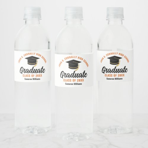 Orange Black Graduate Custom 2024 Graduation Party Water Bottle Label