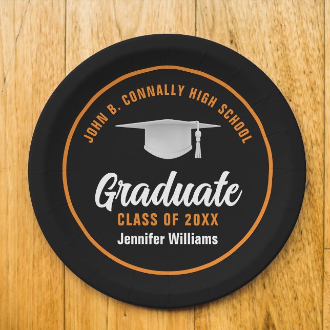 Orange Black Graduate Custom 2025 Graduation Party Paper Plates (Creator Uploaded)