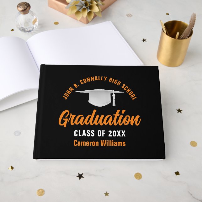 Orange Black Graduate Custom 2026 Graduation Guest Book (Front Open)