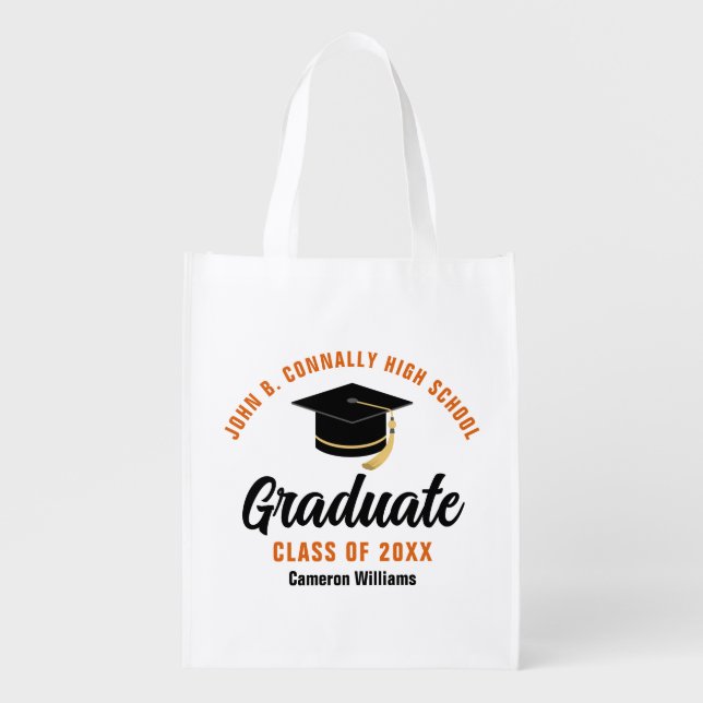 Orange Black Graduate Custom Graduation Party Grocery Bag (Front)