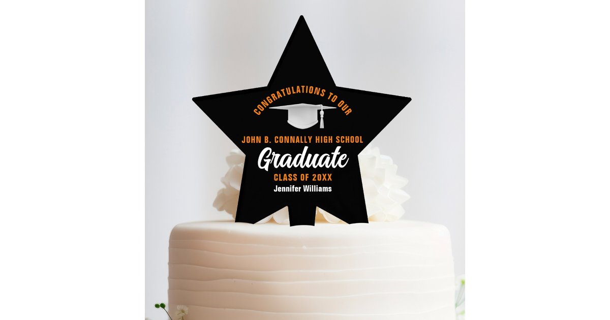 Star Topper Graduation Orange Black Graduate Custom Graduation Party Star Cake Topper | Zazzle