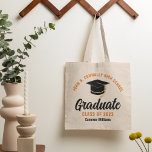 Orange Black Graduate Personalized 2023 Graduation Tote Bag<br><div class="desc">These modern orange and black custom senior graduate tote bag features your high school or college name for the class of 2023. Customize with your graduating year under the chic handwritten script and black grad cap for a great personalized graduation party favor gift.</div>