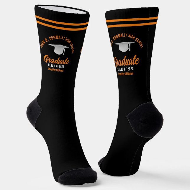 Orange Black Graduate Personalized Graduation Socks (Angled)