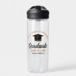 Orange Black Graduate Personalized Graduation Water Bottle<br><div class="desc">These modern orange and black custom senior graduate water bottle features your high school or college name for the class of 2025. Customize with your graduating year under the chic handwritten script and black grad cap for a great personalized graduation party favor gift.</div>