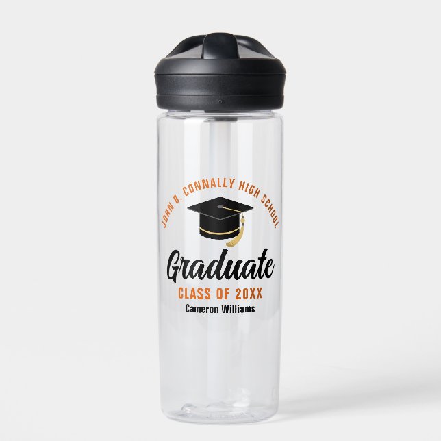 Orange Black Graduate Personalized Graduation Water Bottle (Front)
