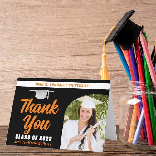 Orange Black Graduate Photo Arch Graduation Folded Thank You Card