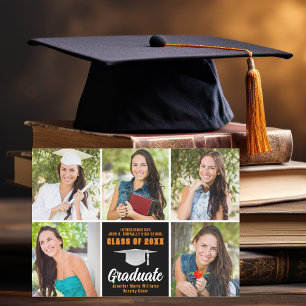Orange Black Graduate Photo Collage Graduation Announcement