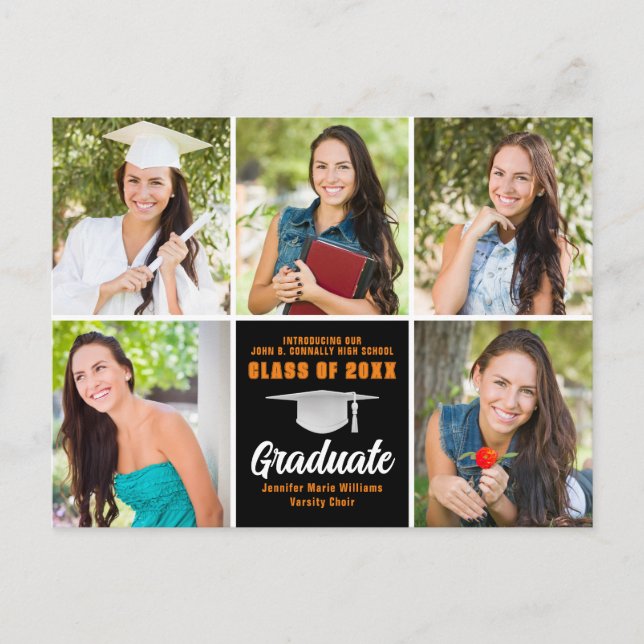 Orange Black Graduate Photo Collage Graduation Postcard (Front)