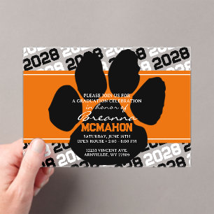 Orange & Black Graduation Pawprint Frosted Acrylic Invitations