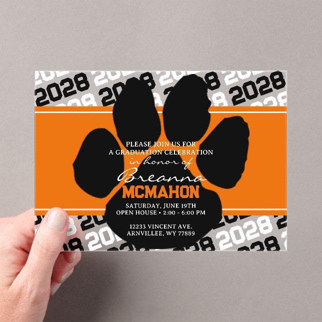 Orange & Black Graduation Pawprint Frosted Acrylic Invitations (Insitu (Handheld))