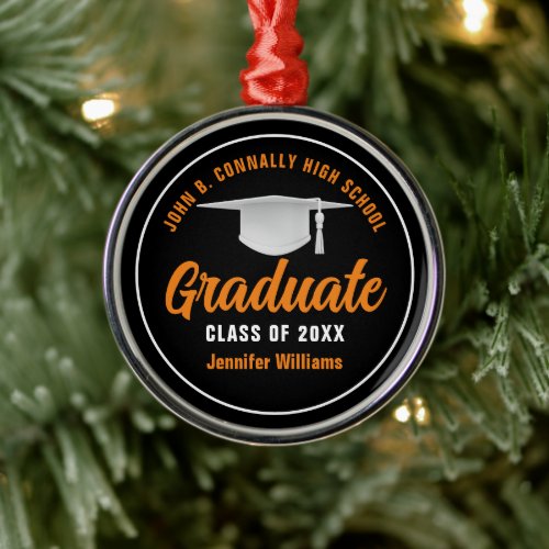 Orange Black Graduation Personalized Christmas Metal Ornament