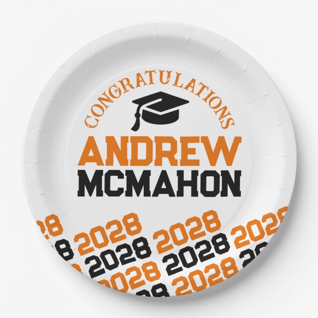 Orange & Black Graduation Personalized Paper Plates (Front)