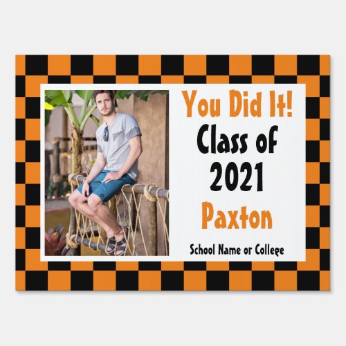 Orange Black Graduation Photo Checkerboard Sign