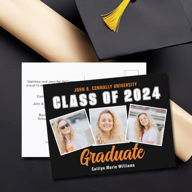 Orange Black Graduation Photo Collage Graduate Announcement Postcard (Creator Uploaded)