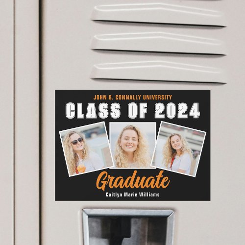 Orange Black Graduation Photo Collage Magnet Card