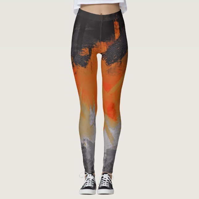 Orange Black Gray Abstract Painting Leggings (Front)