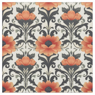 Orange / Black / Gray Floral Art Nouveau Fabric