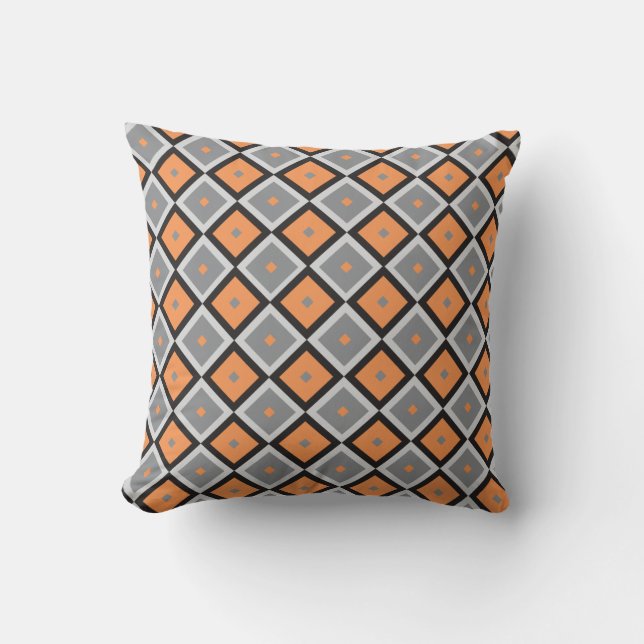 Orange, Black & Grey Modern Geometric Pattern Throw Pillow (Front)