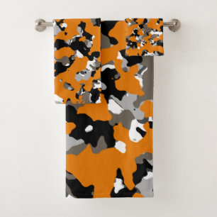Orange Black Grey Tan Camouflage Camo Print Bath Towel Set