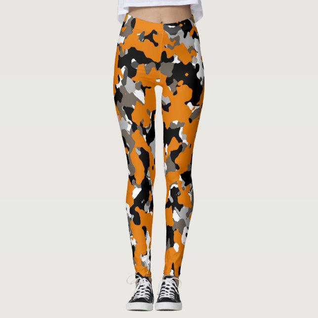 Orange Black Grey Tan Camouflage Camo Print Leggings (Front)