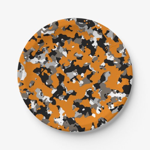 Orange Black Grey Tan Camouflage Camo Print Party Paper Plates