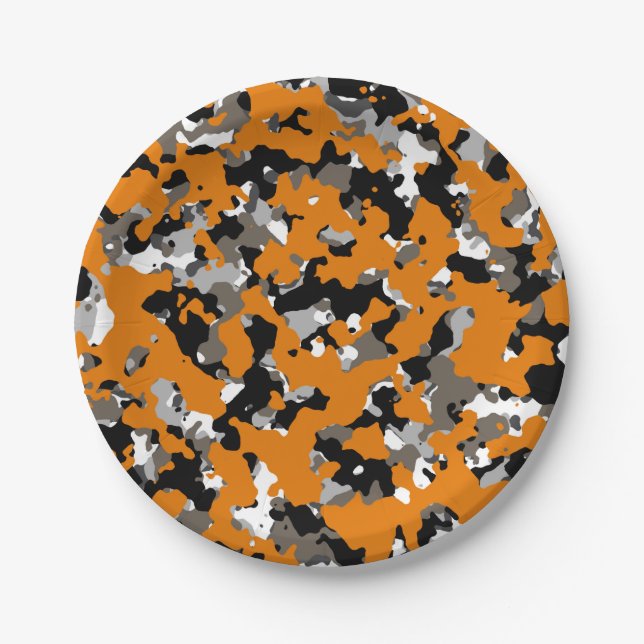 Orange Black Grey Tan Camouflage Camo Print Party Paper Plates (Front)