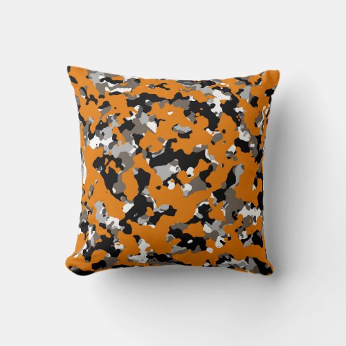 Orange Black Grey Tan Camouflage Camo Print Throw Pillow