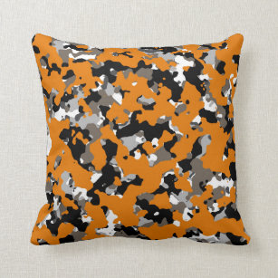 Orange Black Grey Tan Camouflage Camo Print Throw Pillow