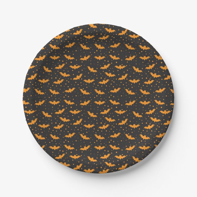 Orange black Halloween bat pattern Paper Plates (Front)
