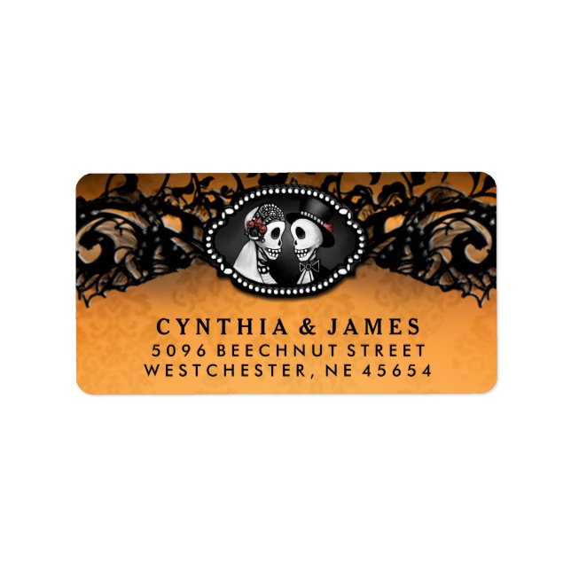 Orange Black Halloween Elegant Wedding Skeletons Label (Front)