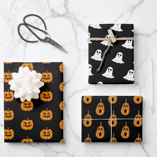 Orange Black Halloween Ghost and Jack o Lantern Wrapping Paper Sheets (Front)