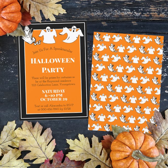 Orange Black Halloween Party Floating Ghost Custom Invitation (Creator Uploaded)