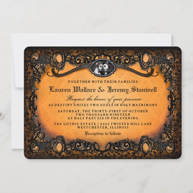 Orange Black Halloween Skeletons RECEPTION INFO Invitation (Front)