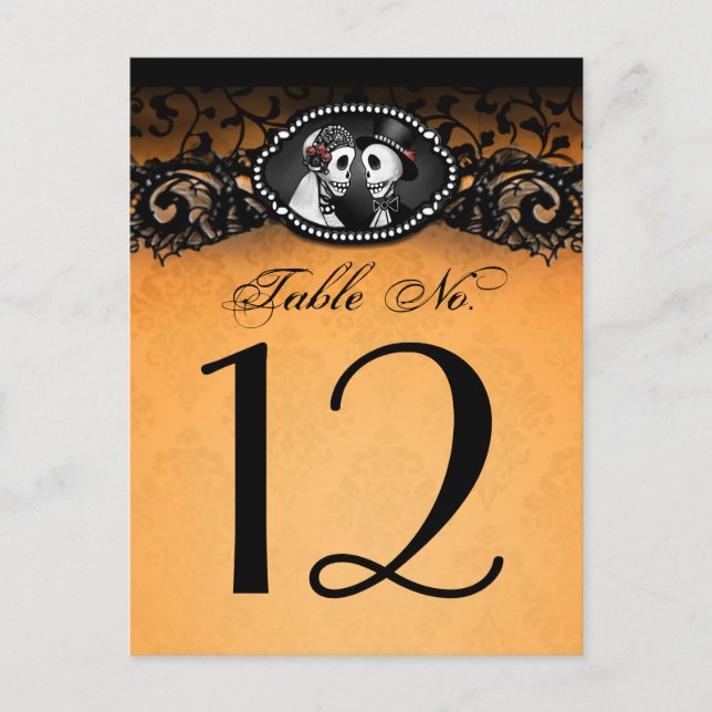 Orange & Black Halloween Skeletons Table Number (Front)