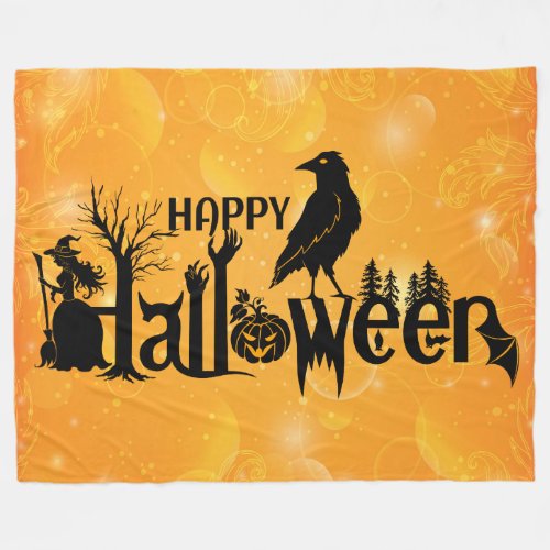 Orange  Black Halloween Tex Illustration Fleece Blanket