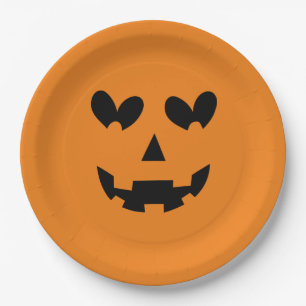 Orange & Black Happy Heart Pumpkin Halloween  Paper Plates