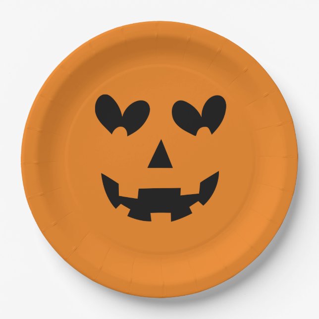 Orange & Black Happy Heart Pumpkin Halloween  Paper Plates (Front)