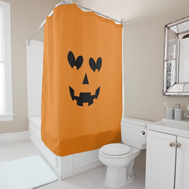 Orange & Black Happy Heart Pumpkin Halloween  Shower Curtain (In Situ)