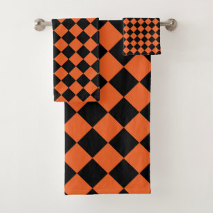 Orange Black Harlequin Diamond Checker Pattern Bath Towel Set