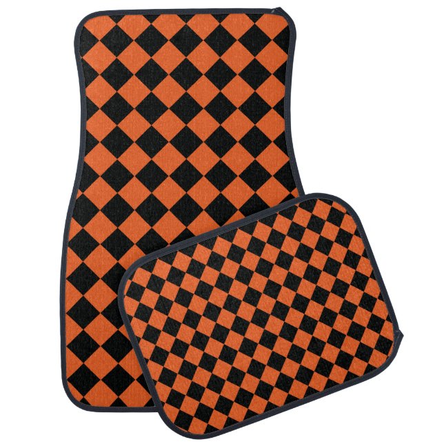 Orange Black Harlequin Diamond Checker Pattern Car Floor Mat (Set)