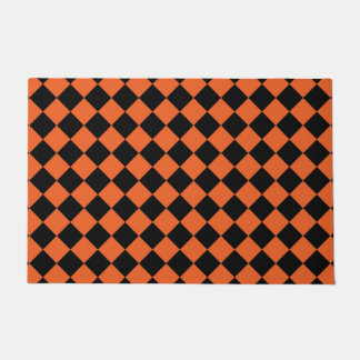 Orange Black Harlequin Diamond Checker Pattern Doormat