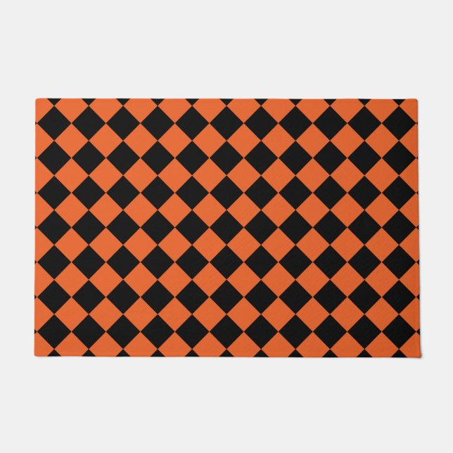 Orange Black Harlequin Diamond Checker Pattern Doormat (Front)