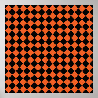 Orange Black Harlequin Diamond Checker Pattern Poster