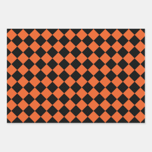 Orange Black Harlequin Diamond Checker Pattern Wrapping Paper Sheets