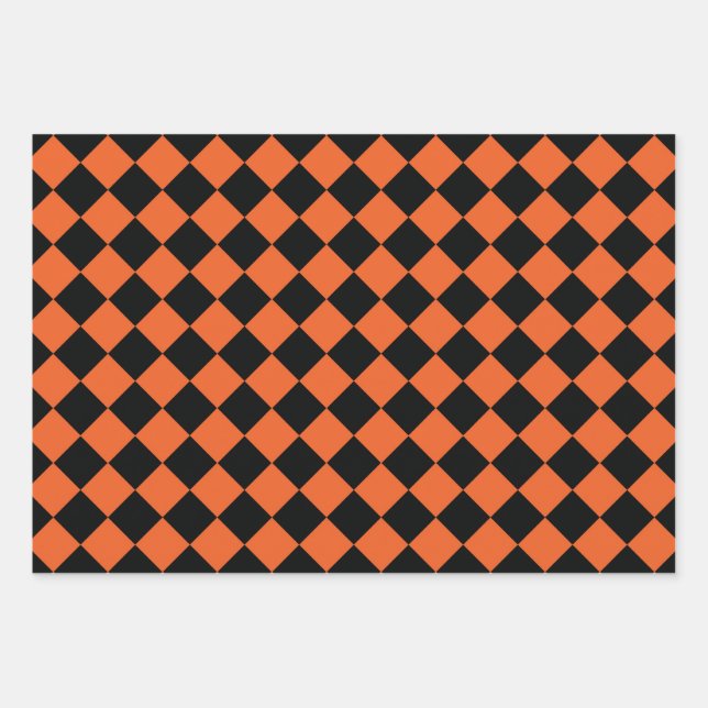 Orange Black Harlequin Diamond Checker Pattern Wrapping Paper Sheets (Front)