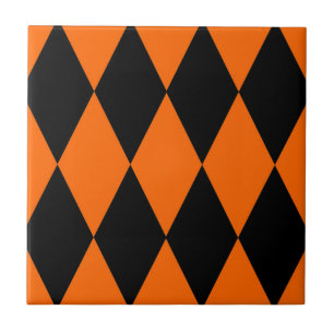 Orange Black Harlequin Diamonds Checkers Design Ceramic Tile