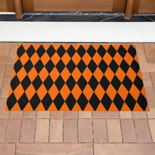 Orange Black Harlequin Diamonds Checkers Design  Doormat
