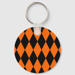 Orange Black Harlequin Diamonds Checkers Design  Keychain
