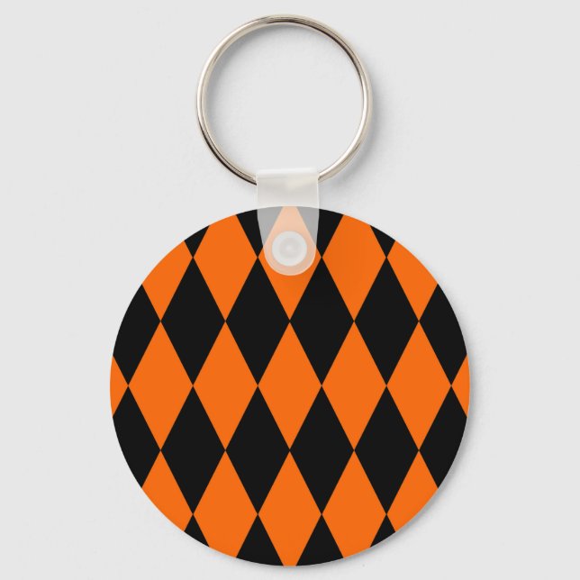 Orange Black Harlequin Diamonds Checkers Design  Keychain (Front)
