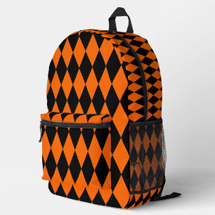 Orange Black Harlequin Diamonds Checkers Design Printed Backpack